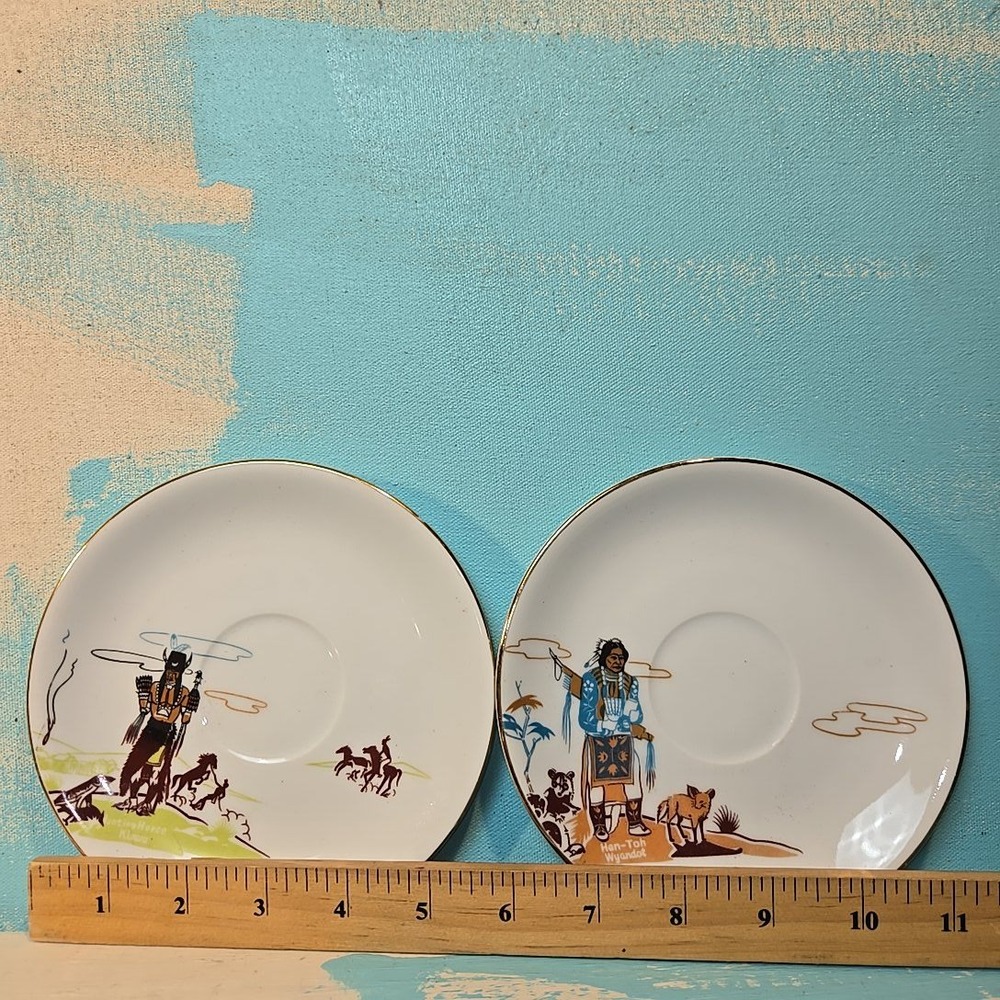 VTG Otagiri Acee Blue‎ Eagle Native American 6in Saucers Hen-Toh Wyandot Kiowa